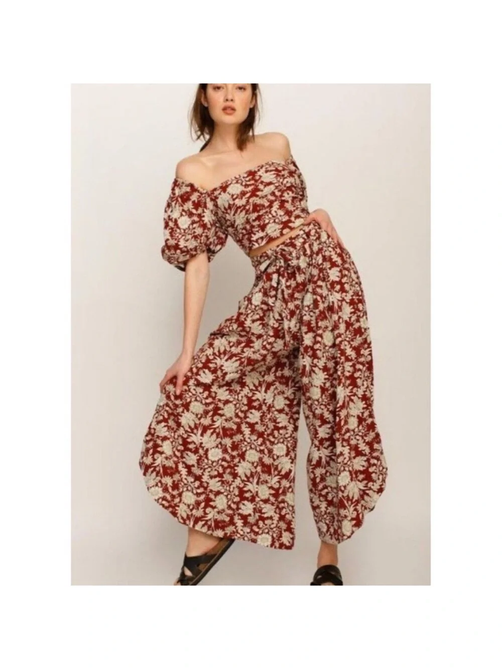 Free People FP Movement Sunday Floral Wide-Leg Crop Top & Pants Set - Red